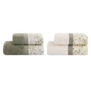 Asciugamani Spugna Set 4 Pezzi Viso + Ospite IVY in Puro Cotone con Balza in Percalle